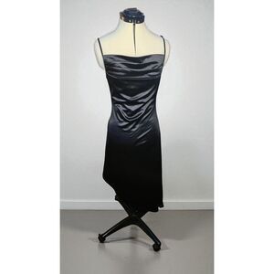 Elegant and Sexy Black Satin Slip Dress with Asymmetrical Hem, Size M